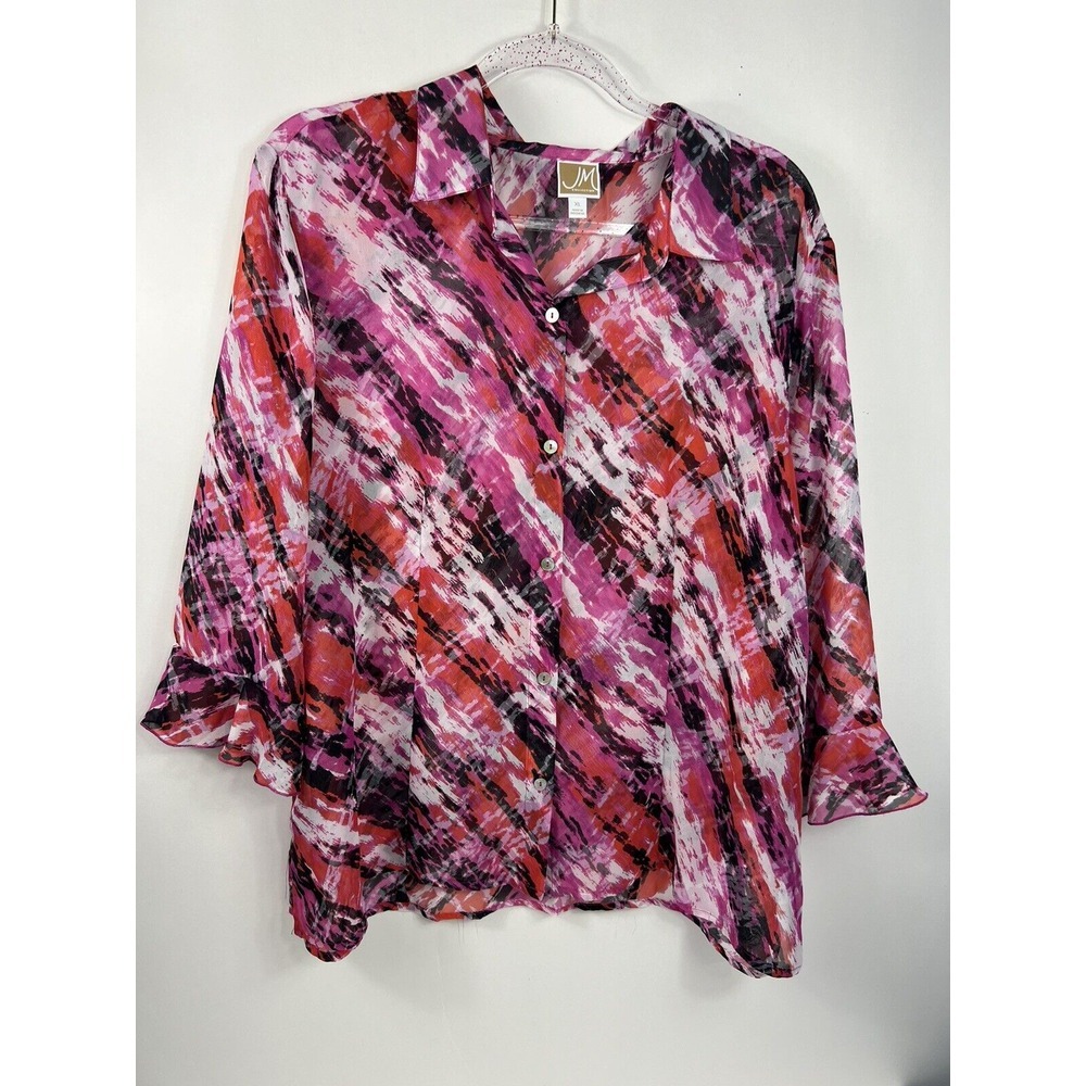 JM Collections Pink Button Down Blouse - Sheer Womens Size XL Ruffle Cuffs